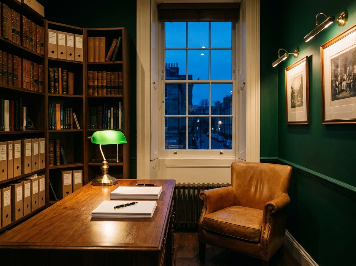 Inside the Prosperity Partners office: a walnut desk under a green banker's lamp, box files on the shelves, and a leather chair pulled up for a client.
