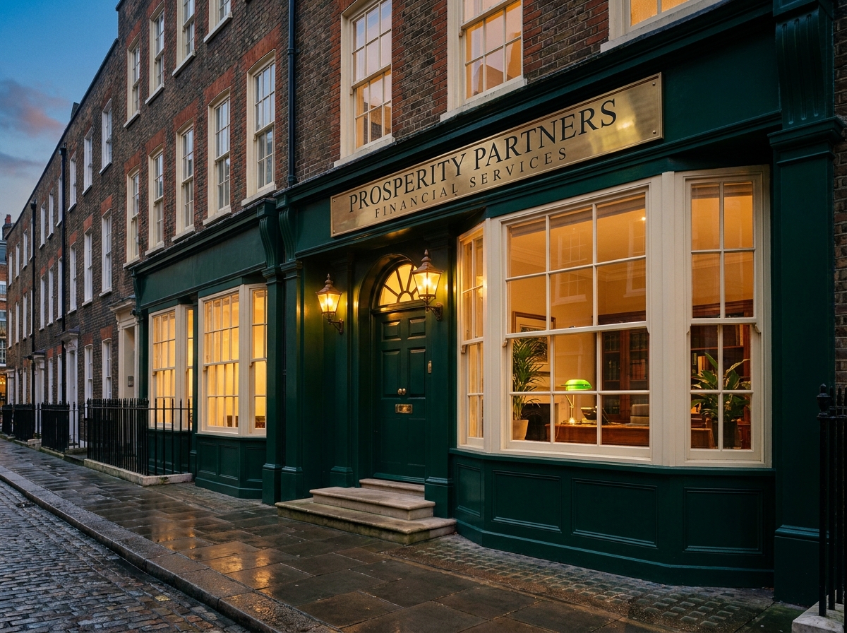 The Prosperity Partners Financial Services office at dusk — an emerald green Georgian shopfront with an engraved brass nameplate, lit lanterns either side of the door, and warm light in the windows.